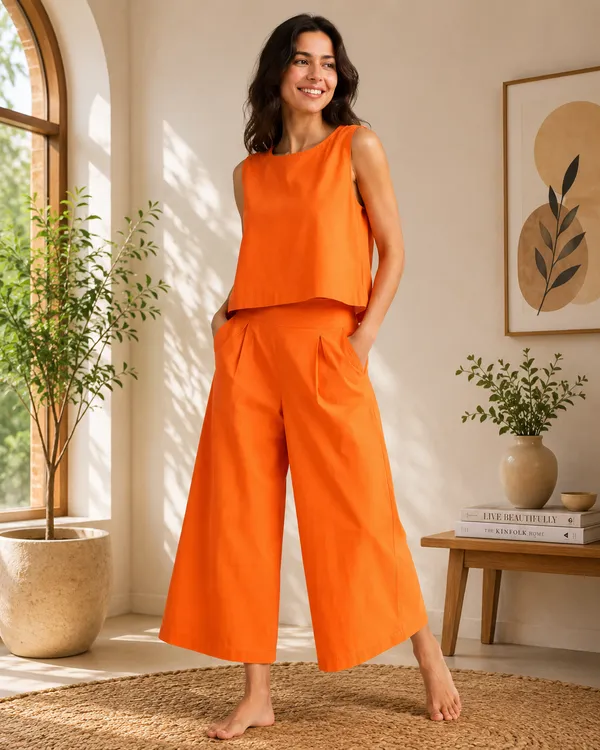 Women_Minimalist_Vibrant_Orange_Cotton-Look_Sleeveless_Top_&_Wide-Leg_Trouser_Co-ord_Set