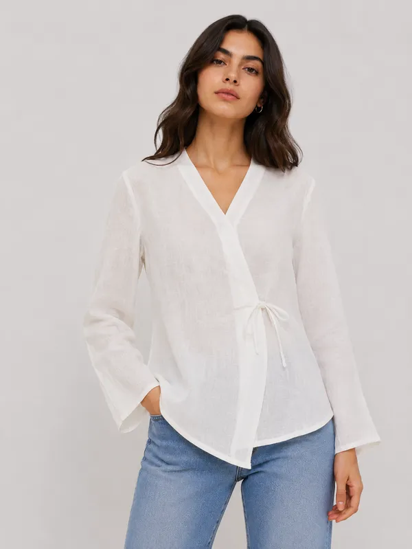 White_Cotton_Relaxed_Fit_Tie_Front_Blouse_For_Women