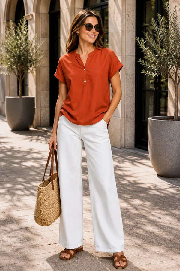 Women's_Rust_Orange_Cotton_Notch_Neck_Short_Sleeve_Casual_Top_|_Relaxed_Fit_Pullover_Blouse