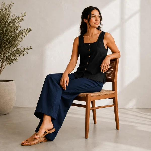 Black_Cotton_Sleeveless_Button_Front_Top_For_Women