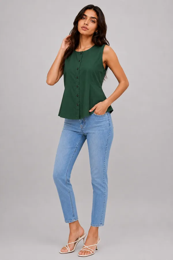 Elevate_your_casual-smart_wardrobe_with_this_versatile_dark_green_sleeveless_peplum_top._Designed_for_a_comfortable_yet_tailored_fit,_it_features_a_classic_crew_neckline_and_a_full_front_button_placket._The_defining_feature_is_the_fitted_waist_that_flows_into_a_gentle_peplum_hem,_creating_a_universally_flattering_silhouette._This_top_is_perfect_for_transitional_weather_and_can_be_dressed_up_or_down_with_ease.