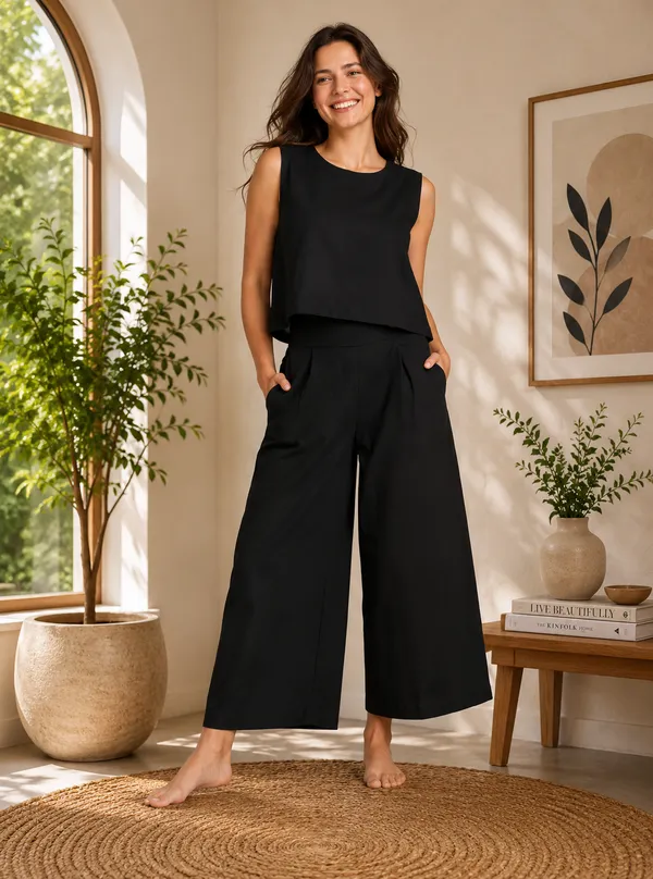 Women_Minimalist_Black_Cotton-Look_Sleeveless_Top_&_Wide-Leg_Trouser_Co-ord_Set