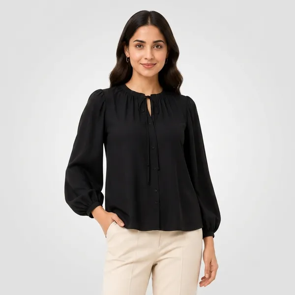 Black_Cotton_Relaxed_Fit_Gathered_Blouse_For_Women