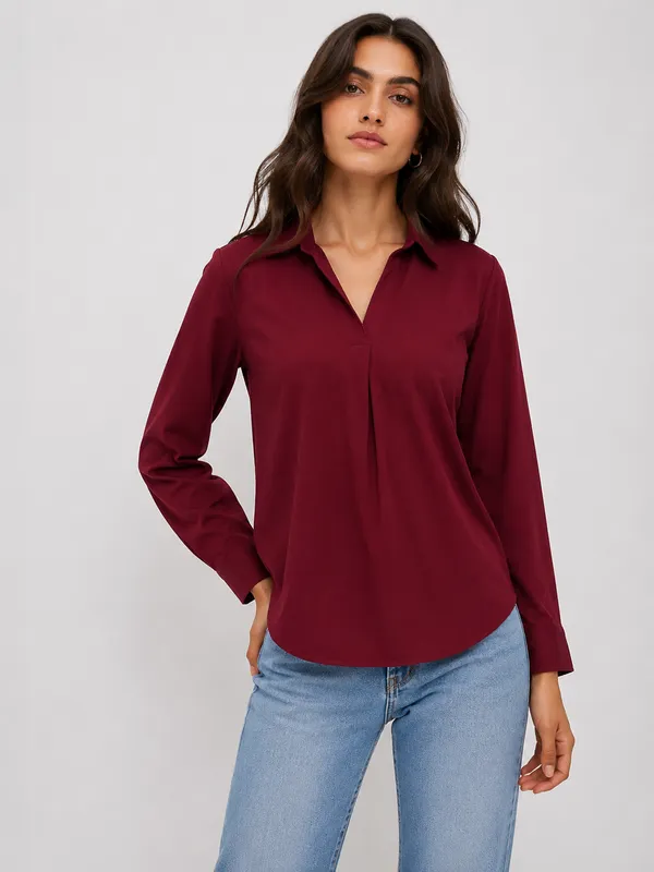 Burgundy_Cotton_Relaxed_Fit_Collared_Shirt_For_Women