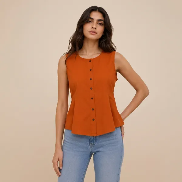 Orange_Cotton_Sleeveless_Peplum_Top_For_Women