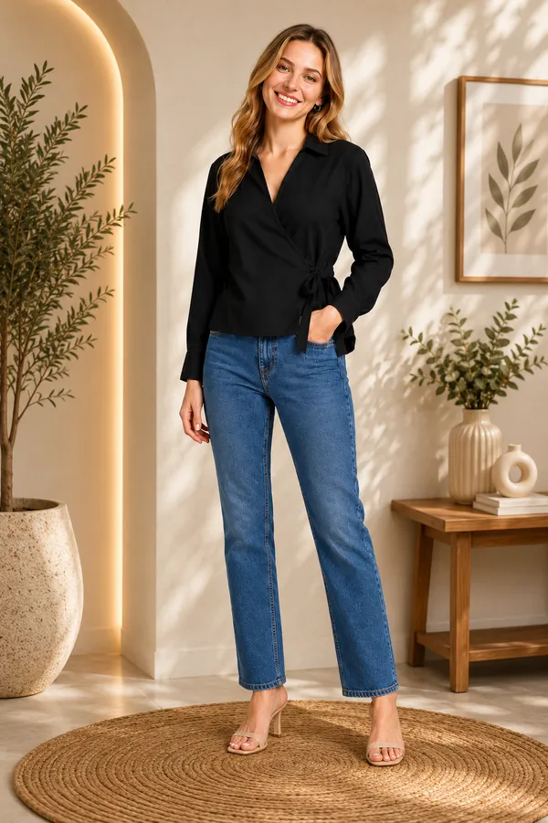 Women_Solid_Wrap_Top_V-Neck_Long_Sleeve_Side_Tie-Up_Casual_&_Workwear_Top