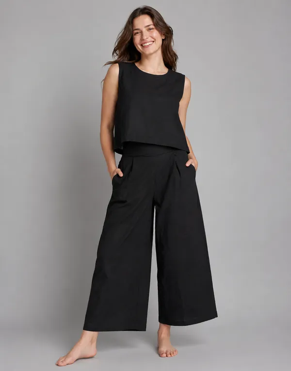 Women_Minimalist_Black_Cotton-Look_Sleeveless_Top_&_Wide-Leg_Trouser_Co-ord_Set