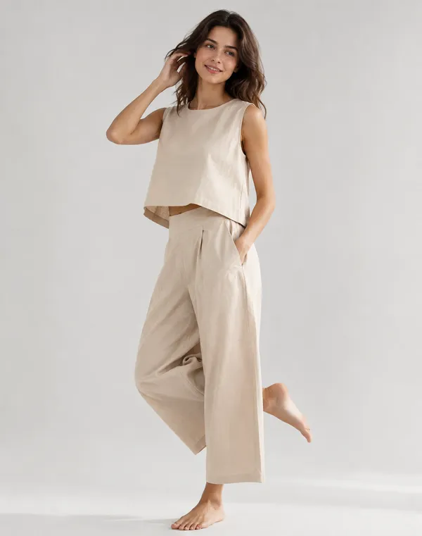 Women_Minimalist_Cream_Cotton-Look_Sleeveless_Top_&_Wide-Leg_Trouser_Co-ord_Set