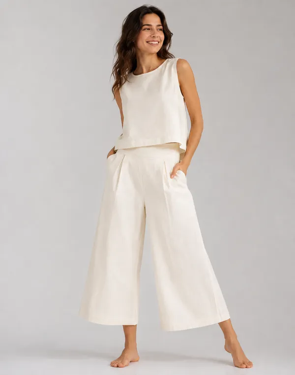 Women_Minimalist_Neutral_Ivory_Cotton-Look_Sleeveless_Top_&_Wide-Leg_Trouser_Co-ord_Set