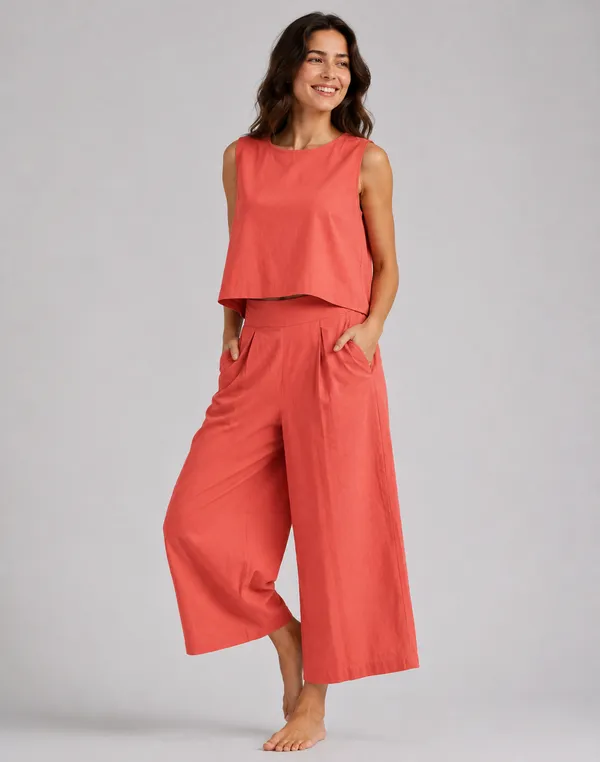 Women_Minimalist_Coral_Red_Cotton-Look_Sleeveless_Top_&_Wide-Leg_Trouser_Co-ord_Set