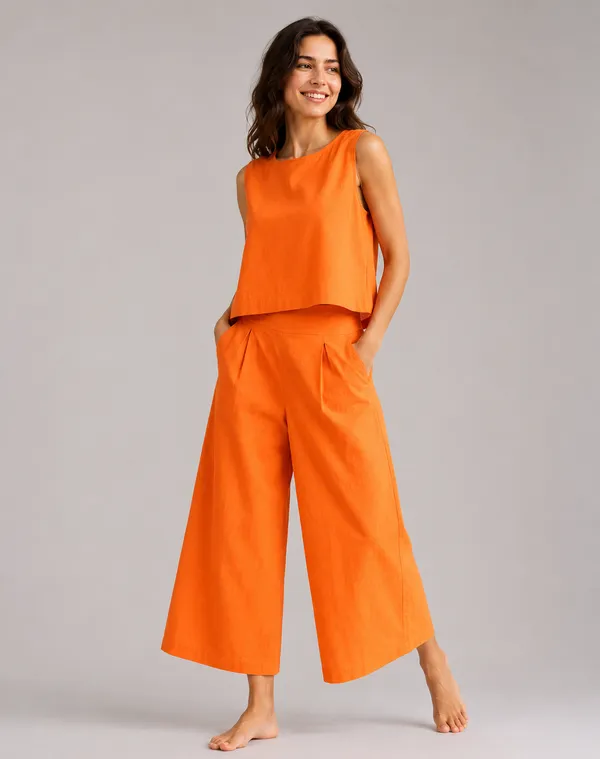 Women_Minimalist_Vibrant_Orange_Cotton-Look_Sleeveless_Top_&_Wide-Leg_Trouser_Co-ord_Set