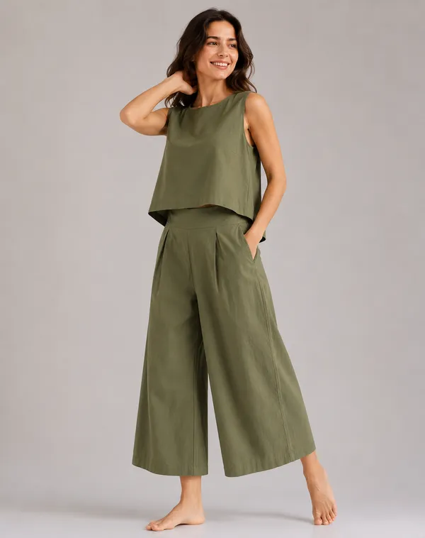 Women_Minimalist_Olive_green_Cotton-Look_Sleeveless_Top_&_Wide-Leg_Trouser_Co-ord_Set