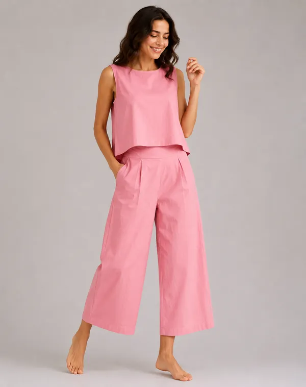 Women_Minimalist_Pink_Cotton-Look_Sleeveless_Top_&_Wide-Leg_Trouser_Co-ord_Set