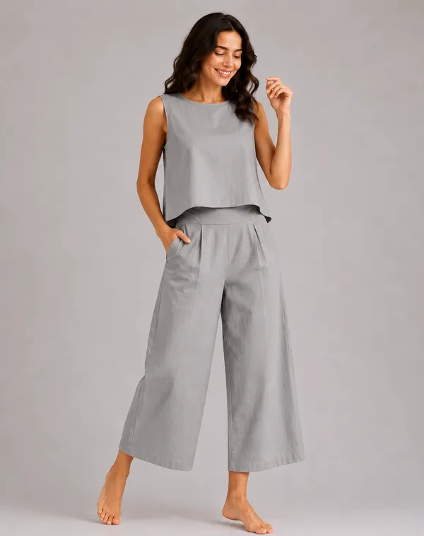 Women_Minimalist_Grey_Cotton-Look_Sleeveless_Top_&_Wide-Leg_Trouser_Co-ord_Set