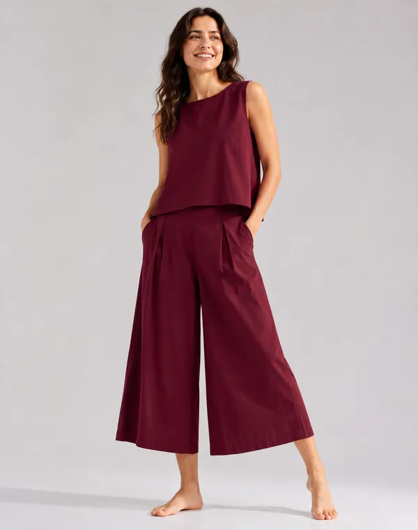 Women_Minimalist_Maroon_Cotton-Look_Sleeveless_Top_&_Wide-Leg_Trouser_Co-ord_Set