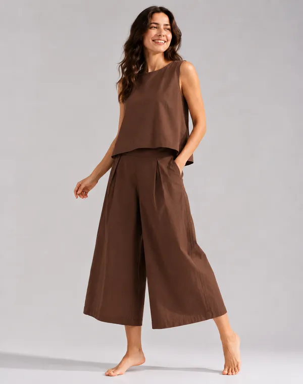 Women_Minimalist_Brown_Cotton-Look_Sleeveless_Top_&_Wide-Leg_Trouser_Co-ord_Set