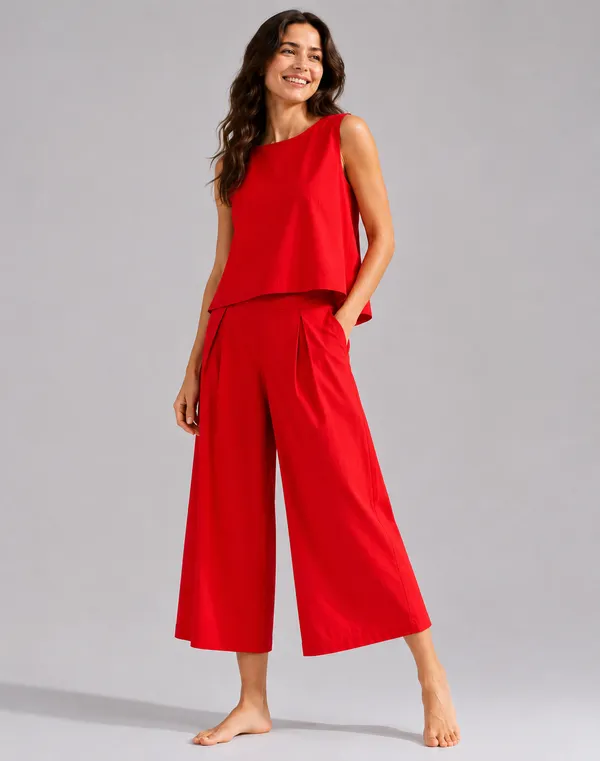Women_Minimalist_Red_Cotton-Look_Sleeveless_Top_&_Wide-Leg_Trouser_Co-ord_Set