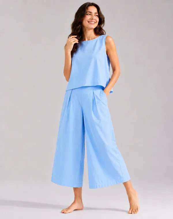 Women_Minimalist_Sky_Blue_Cotton-Look_Sleeveless_Top_&_Wide-Leg_Trouser_Co-ord_Set
