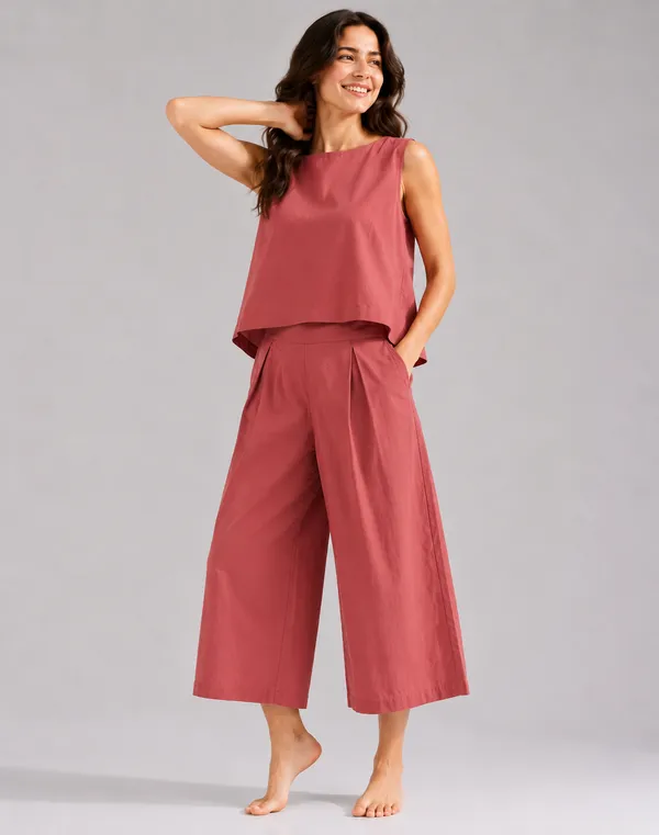 Women_Minimalist_Coral_Red_Cotton-Look_Sleeveless_Top_&_Wide-Leg_Trouser_Co-ord_Set