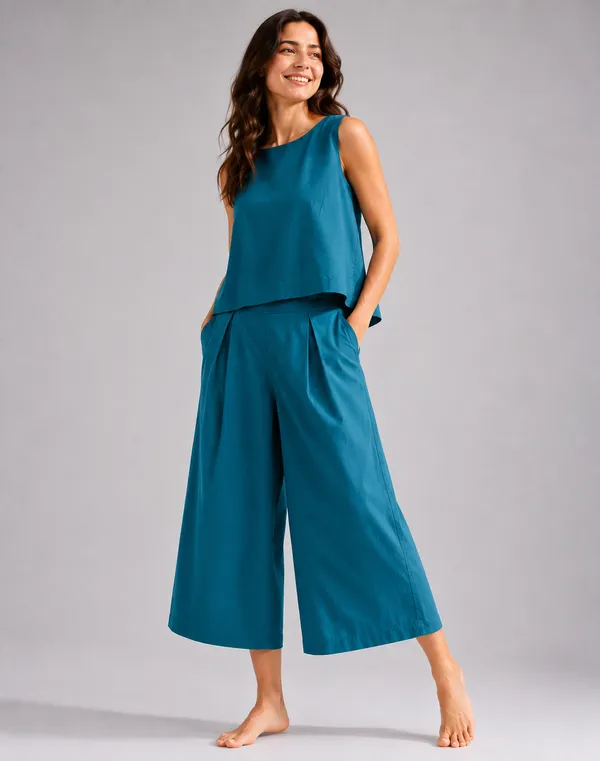 Women_Minimalist_Teal_Blue_Cotton-Look_Sleeveless_Top_&_Wide-Leg_Trouser_Co-ord_Set