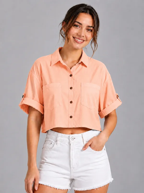 Women_Solid_Peach_Button-Down_Crop_Shirt_with__Folded_Sleeves_�_Smart_Casual_Wear