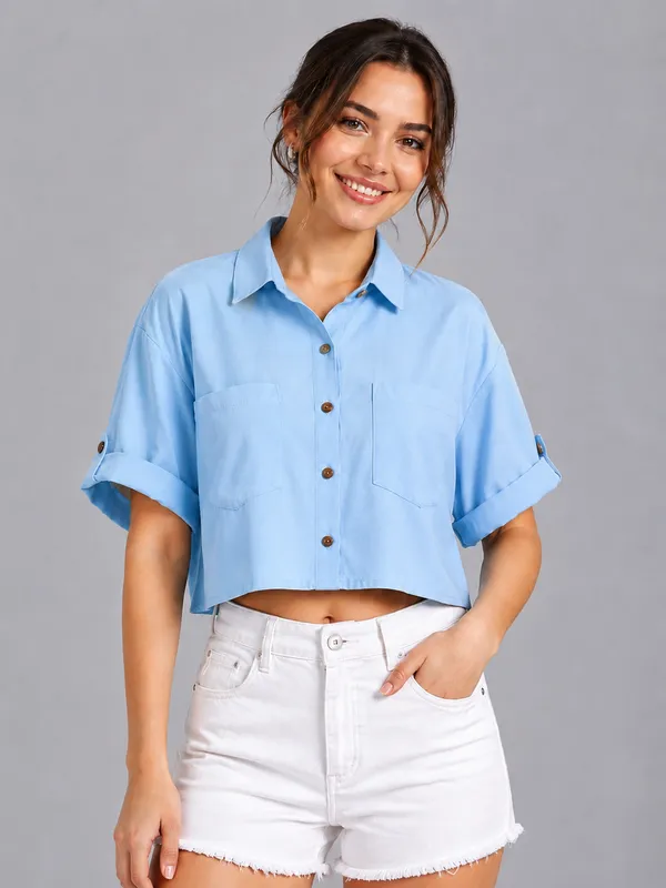 Women_Solid_Sky_Blue_Button-Down_Crop_Shirt_with__Folded_Sleeves_�_Smart_Casual_Wear
