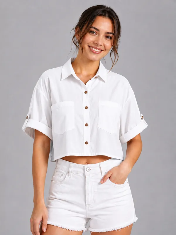 Women_Solid_White_Button-Down_Crop_Shirt_with__Folded_Sleeves_�_Smart_Casual_Wear