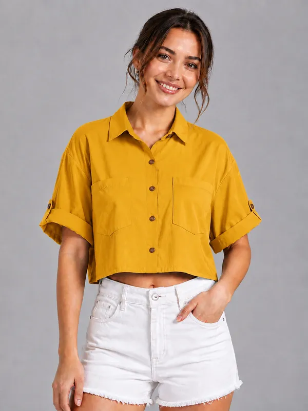 Women_Solid_Mustard_Yellow_Button-Down_Crop_Shirt_with__Folded_Sleeves_�_Smart_Casual_Wear