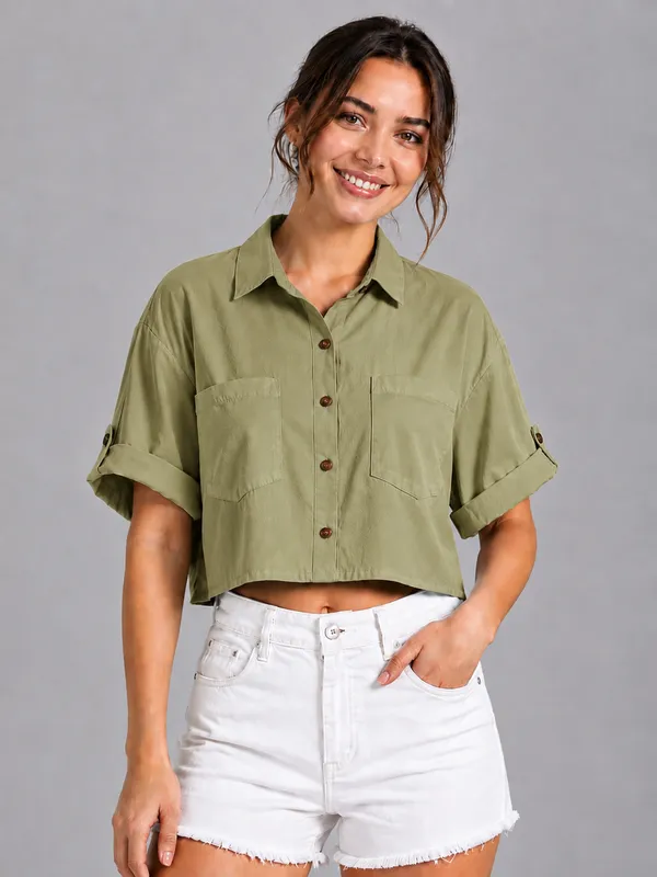 Women_Solid_Olive_Green_Button-Down_Crop_Shirt_with__Folded_Sleeves_�_Smart_Casual_Wear