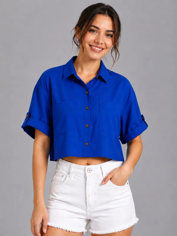 Women_Solid_Blue_Button-Down_Crop_Shirt_with__Folded_Sleeves_�_Smart_Casual_Wear
