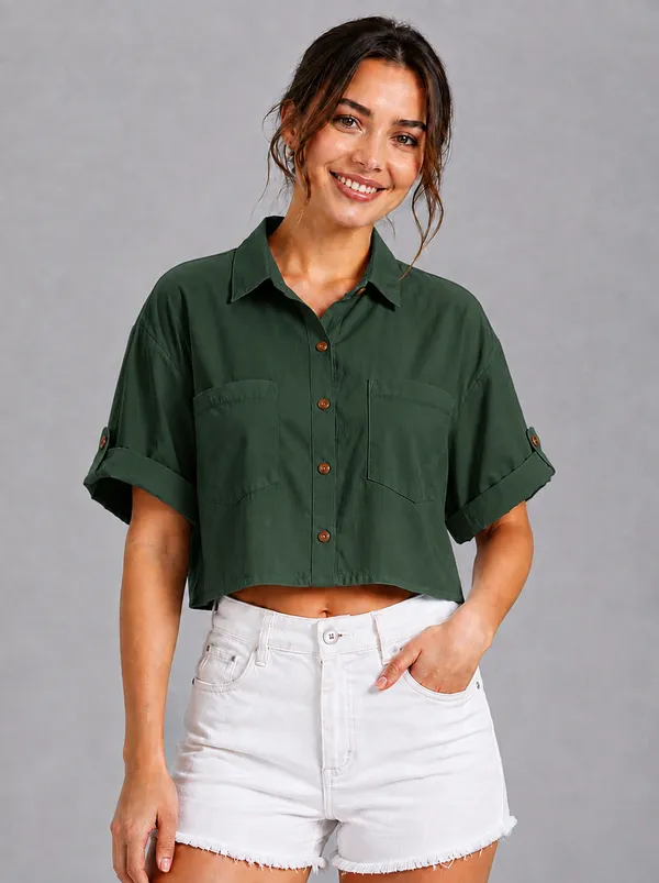 Women_Solid_Dark_Green_Button-Down_Crop_Shirt_with__Folded_Sleeves_�_Smart_Casual_Wear