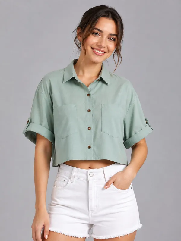Women_Solid_Mint_Green_Button-Down_Crop_Shirt_with__Folded_Sleeves_�_Smart_Casual_Wear