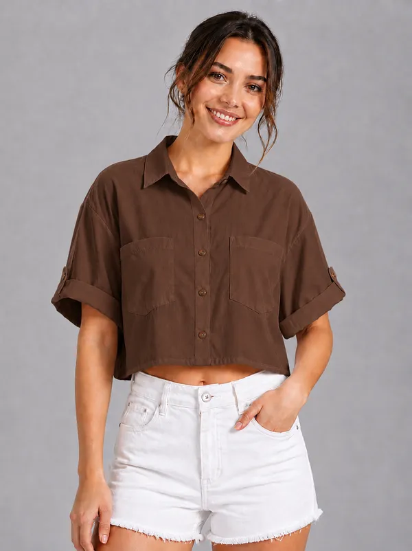 Women_Solid_Brown_Button-Down_Crop_Shirt_with__Folded_Sleeves_�_Smart_Casual_Wear