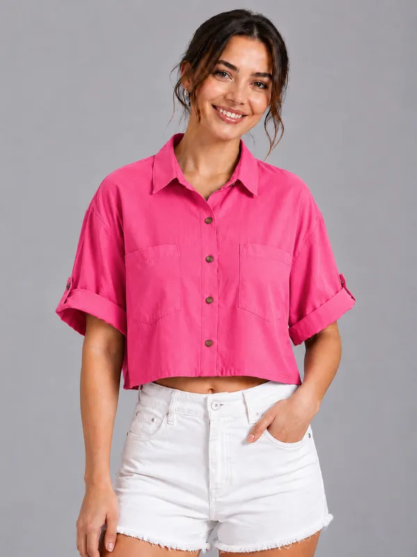 Women_Solid_Pink_Button-Down_Crop_Shirt_with__Folded_Sleeves_�_Smart_Casual_Wear