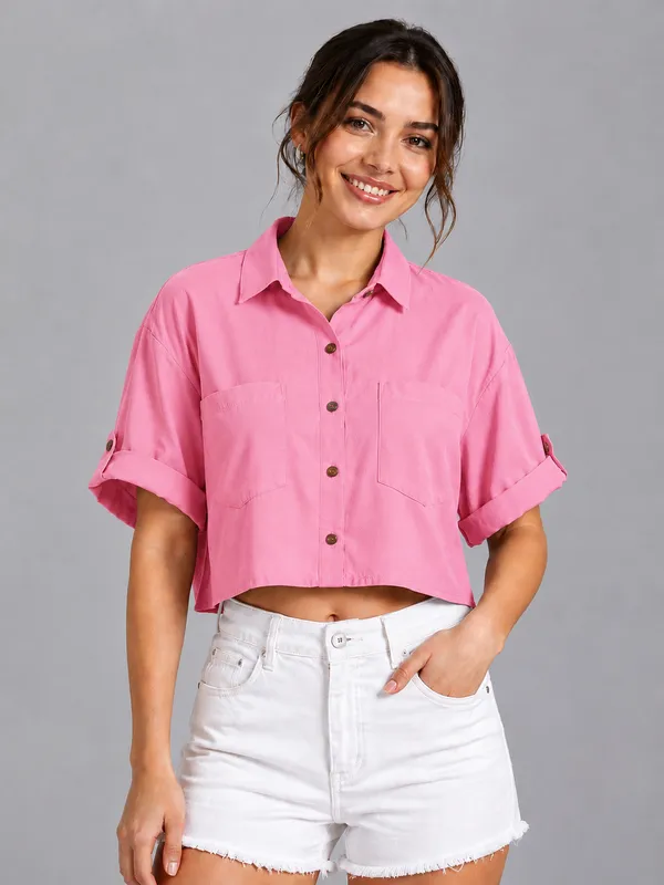 Women_Solid_Pink_Button-Down_Crop_Shirt_with__Folded_Sleeves_�_Smart_Casual_Wear