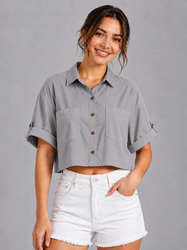 Women_Solid_Grey_Button-Down_Crop_Shirt_with__Folded_Sleeves_�_Smart_Casual_Wear