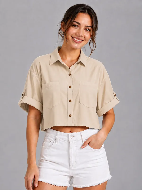 Women_Solid_Beige_Button-Down_Crop_Shirt_with__Folded_Sleeves_�_Smart_Casual_Wear