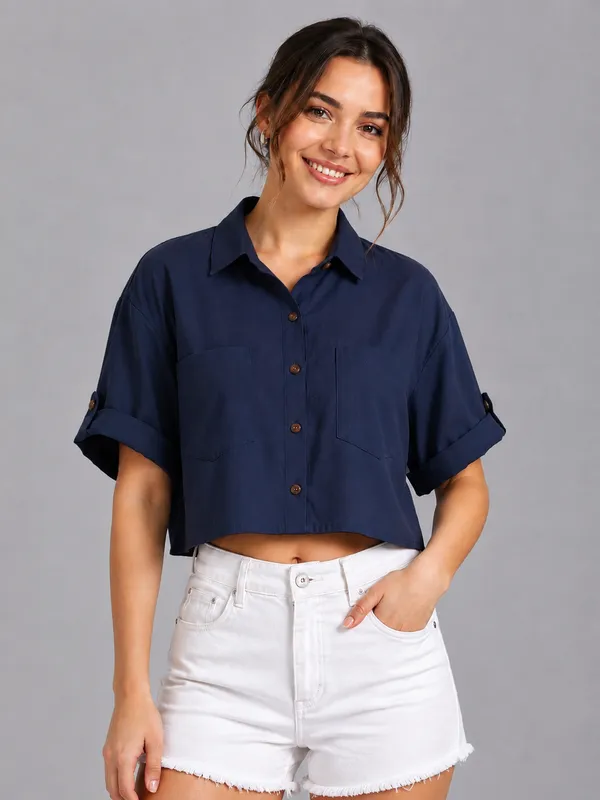 Women_Solid_Dark_Blue_Button-Down_Crop_Shirt_with__Folded_Sleeves_�_Smart_Casual_Wear