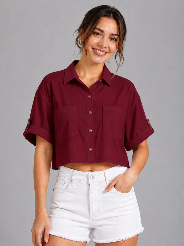 Women_Solid_Maroon_Button-Down_Crop_Shirt_with__Folded_Sleeves_�_Smart_Casual_Wear