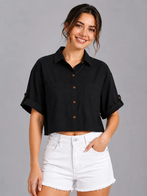 Women_Solid_Black_Button-Down_Crop_Shirt_with__Folded_Sleeves_�_Smart_Casual_Wear