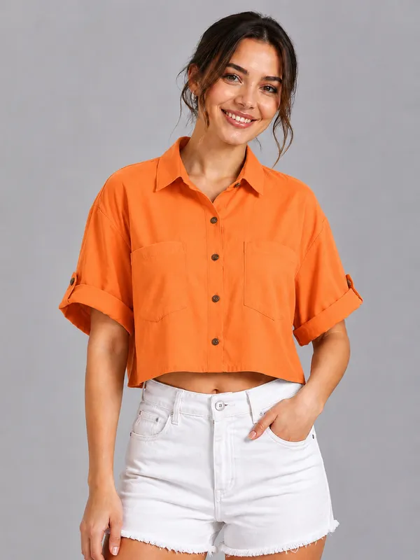 Women_Solid_Orange_Button-Down_Crop_Shirt_with__Folded_Sleeves_�_Smart_Casual_Wear