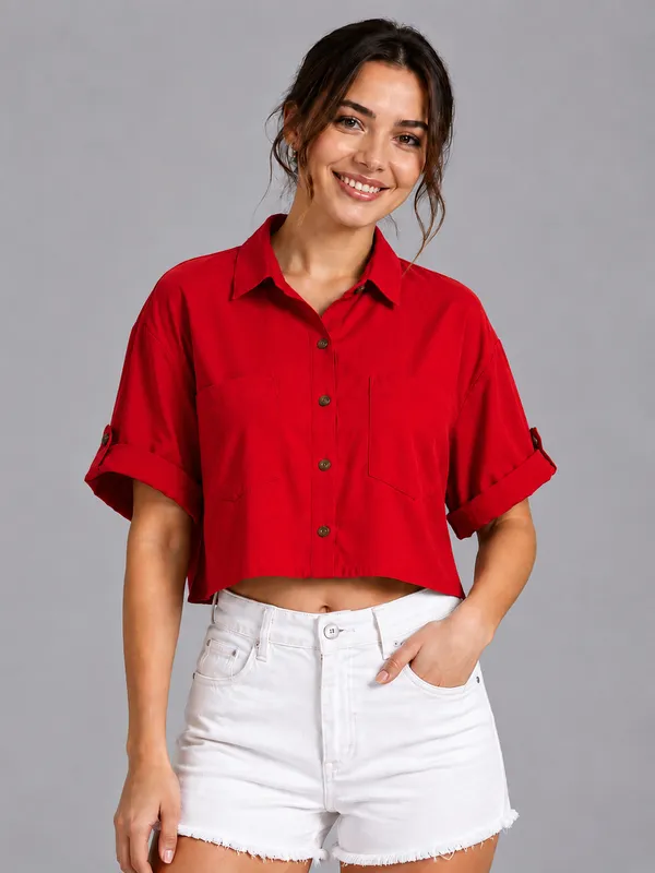 Women_Solid_Red_Button-Down_Crop_Shirt_with__Folded_Sleeves_�_Smart_Casual_Wear