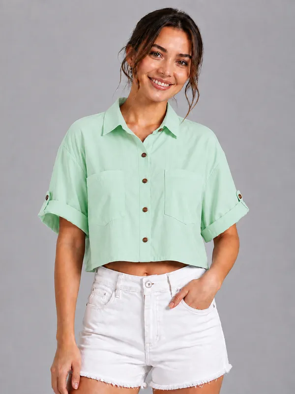 Women_Solid_Green_Button-Down_Crop_Shirt_with_Folded_Sleeves_�_Smart_Casual_Wear