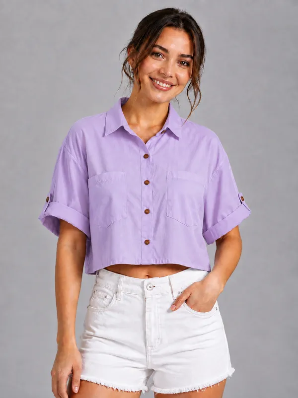 Women_Solid_Pastel_Purple_Button-Down_Crop_Shirt_with__Folded_Sleeves_�_Smart_Casual_Wear