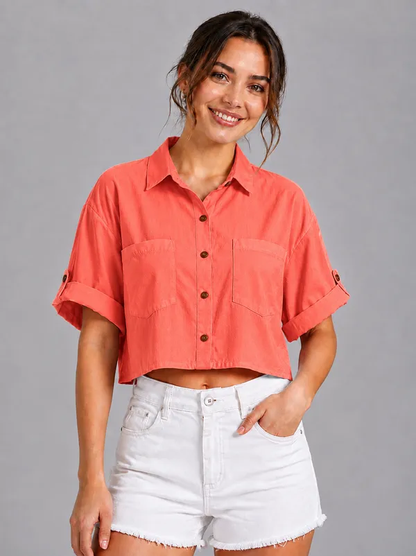 Women_Solid_Coral_Red_Button-Down_Crop_Shirt_with__Folded_Sleeves_�_Smart_Casual_Wear