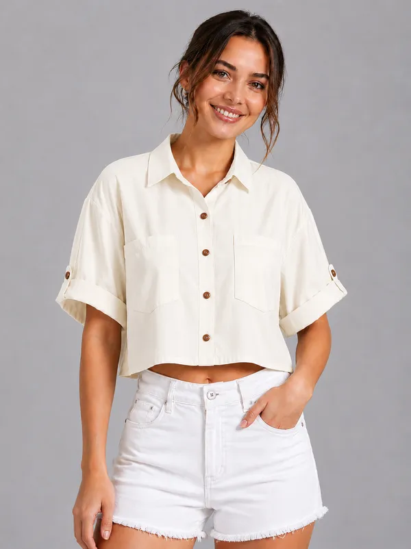 Women_Solid_neutral_ivory_Button-Down_Crop_Shirt_with__Folded_Sleeves_�_Smart_Casual_Wear