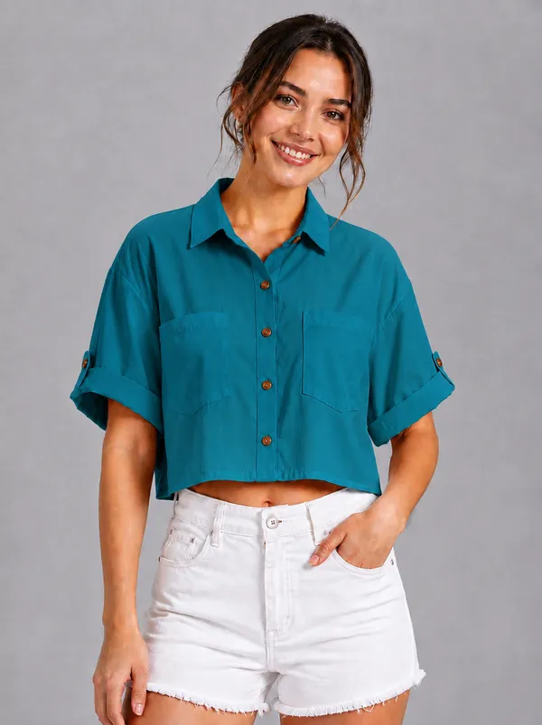 Women_Solid_Teal_Blue_Button-Down_Crop_Shirt_with__Folded_Sleeves_�_Smart_Casual_Wear