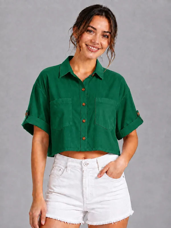 Women_Solid_Green_Button-Down_Crop_Shirt_with__Folded_Sleeves_�_Smart_Casual_Wear