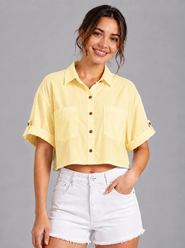 Women_Solid_Yellow_Button-Down_Crop_Shirt_with__Folded_Sleeves_�_Smart_Casual_Wear