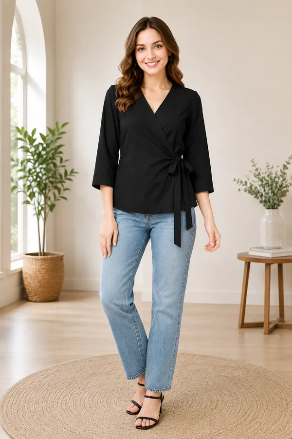 Women's_Black_V-Neck_Wrap_Top_with_Side_Bow_Detail